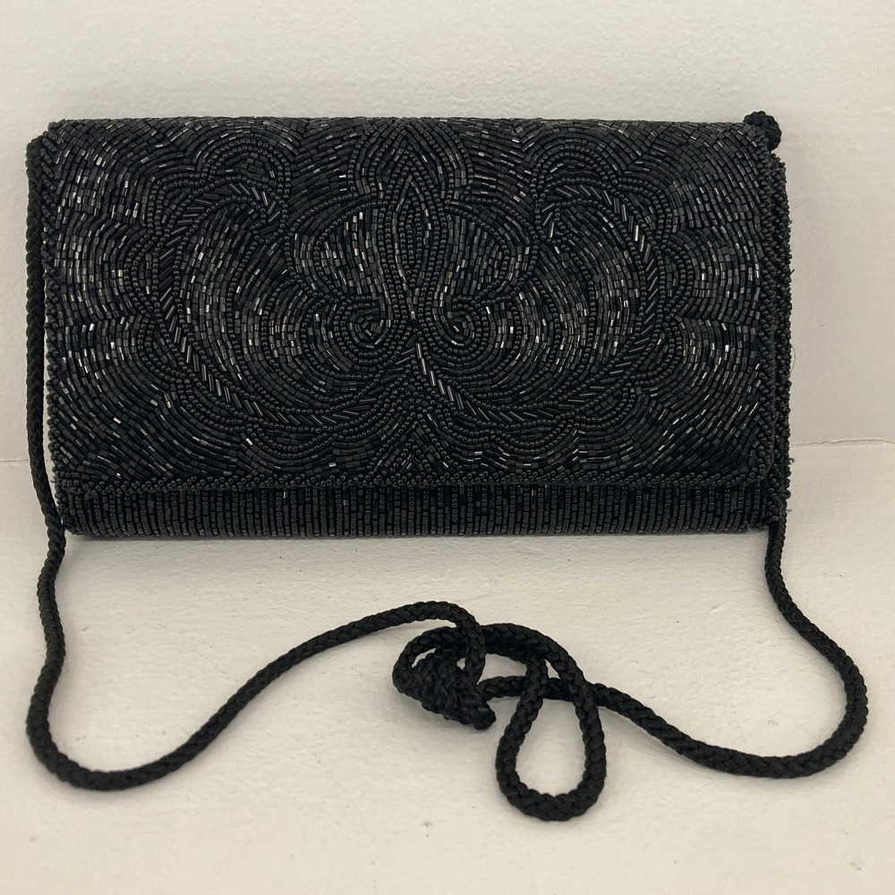 Vintage Black Beaded Evening Clutch Bag Braided Strap Formal Cocktail Prom Glam